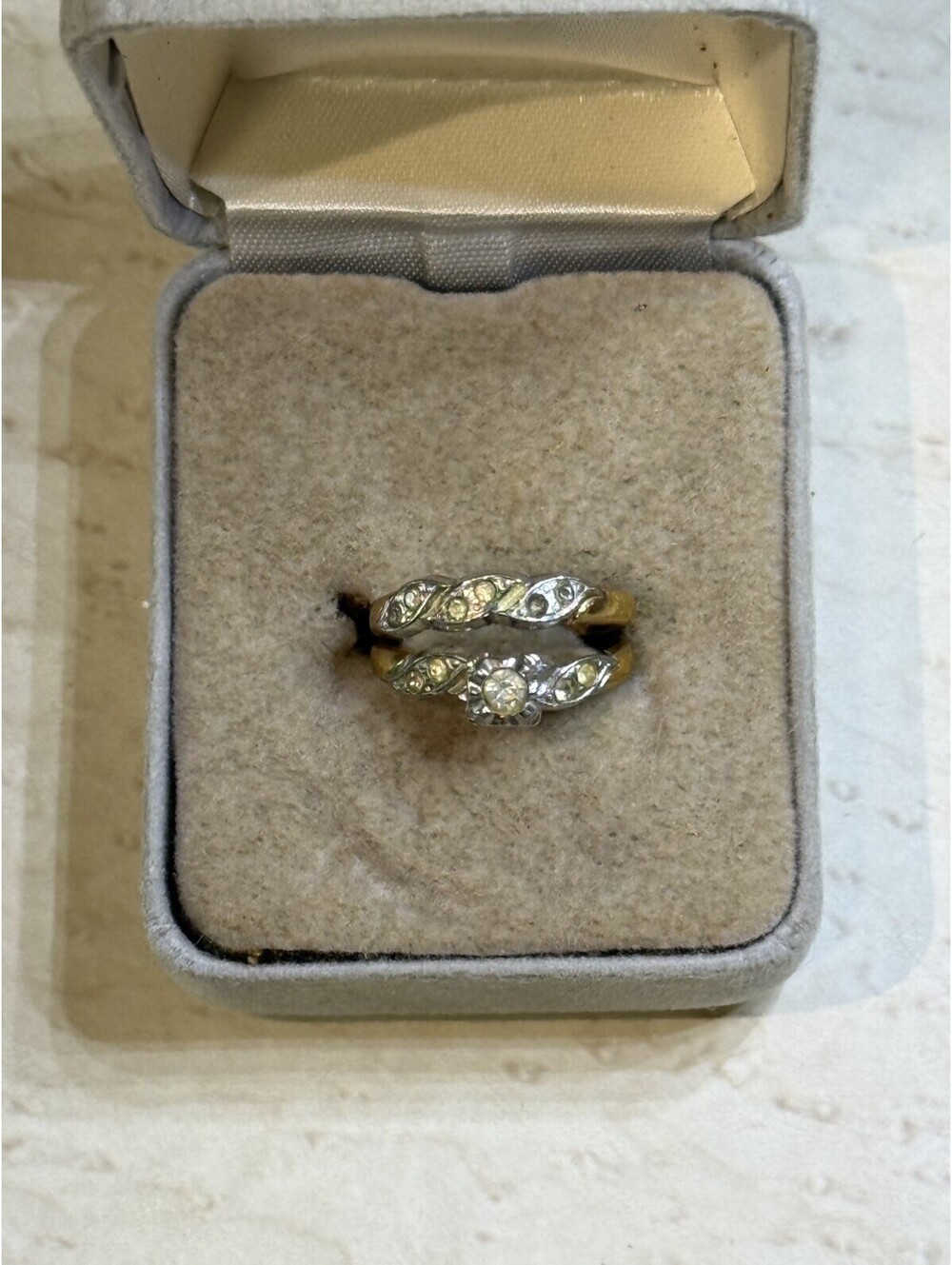 Vintage 18KT HGE Gold Electroplate Wedding Ring Bridal Set Clear Stones 2pc